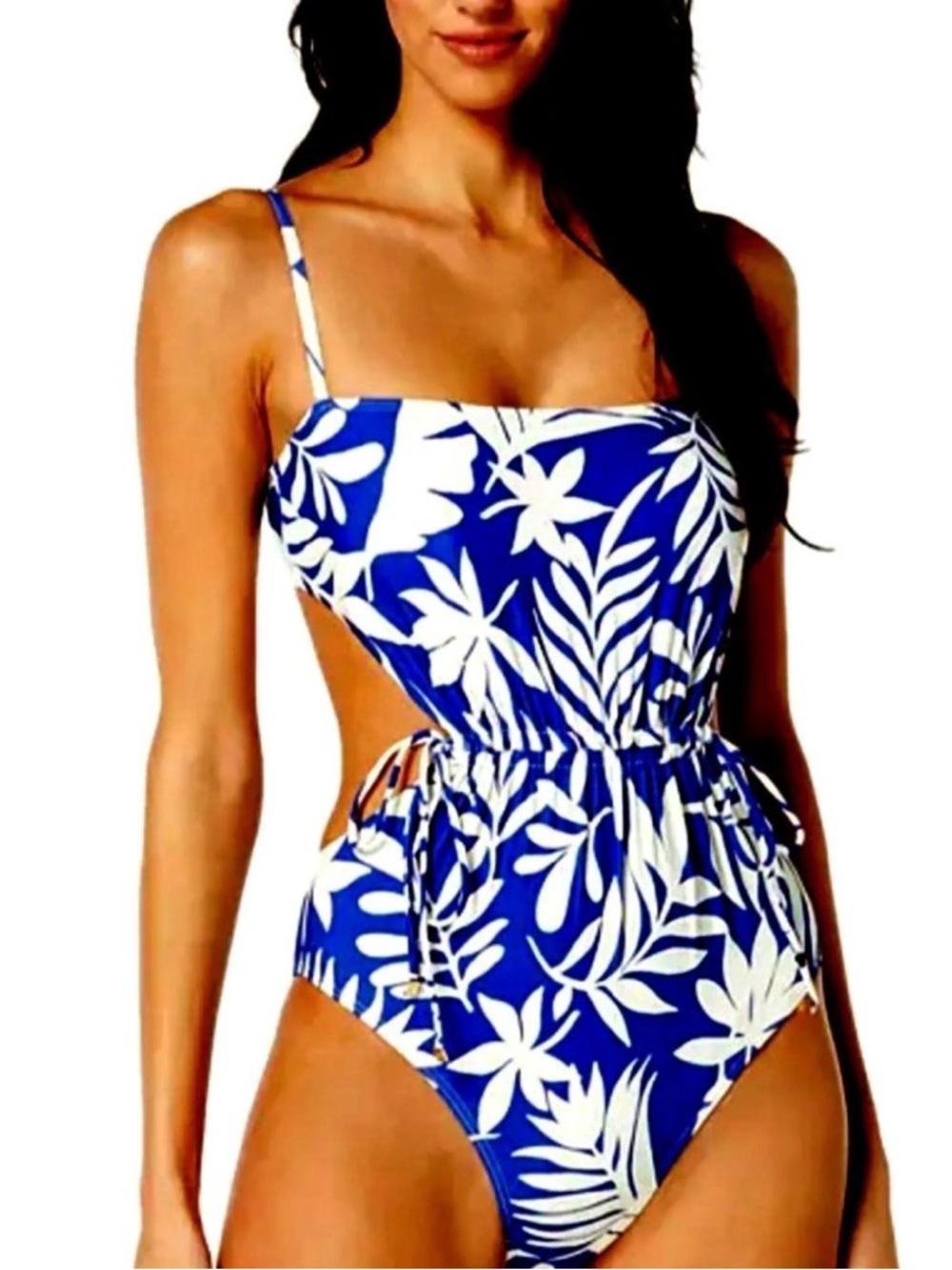 NWT Kate Spade One Piece Swimsuit Small Cinch Front Tropical Blue & White Print